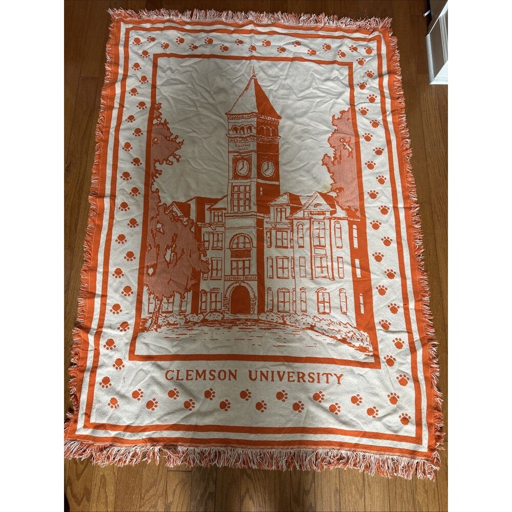 Vintage Goodwin Weavers Clemson Tapestry Woven Throw Stadium Blanket 65”x46”